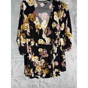 Torrid Womens Plus Size 2 Black Floral Faux Wrap Top 3/4 Sleeve V-Neck Blouse